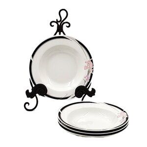 RARE Vintage “Lynns” Fine China Black & Pink “Iris” Soup Bowls – Set of 4